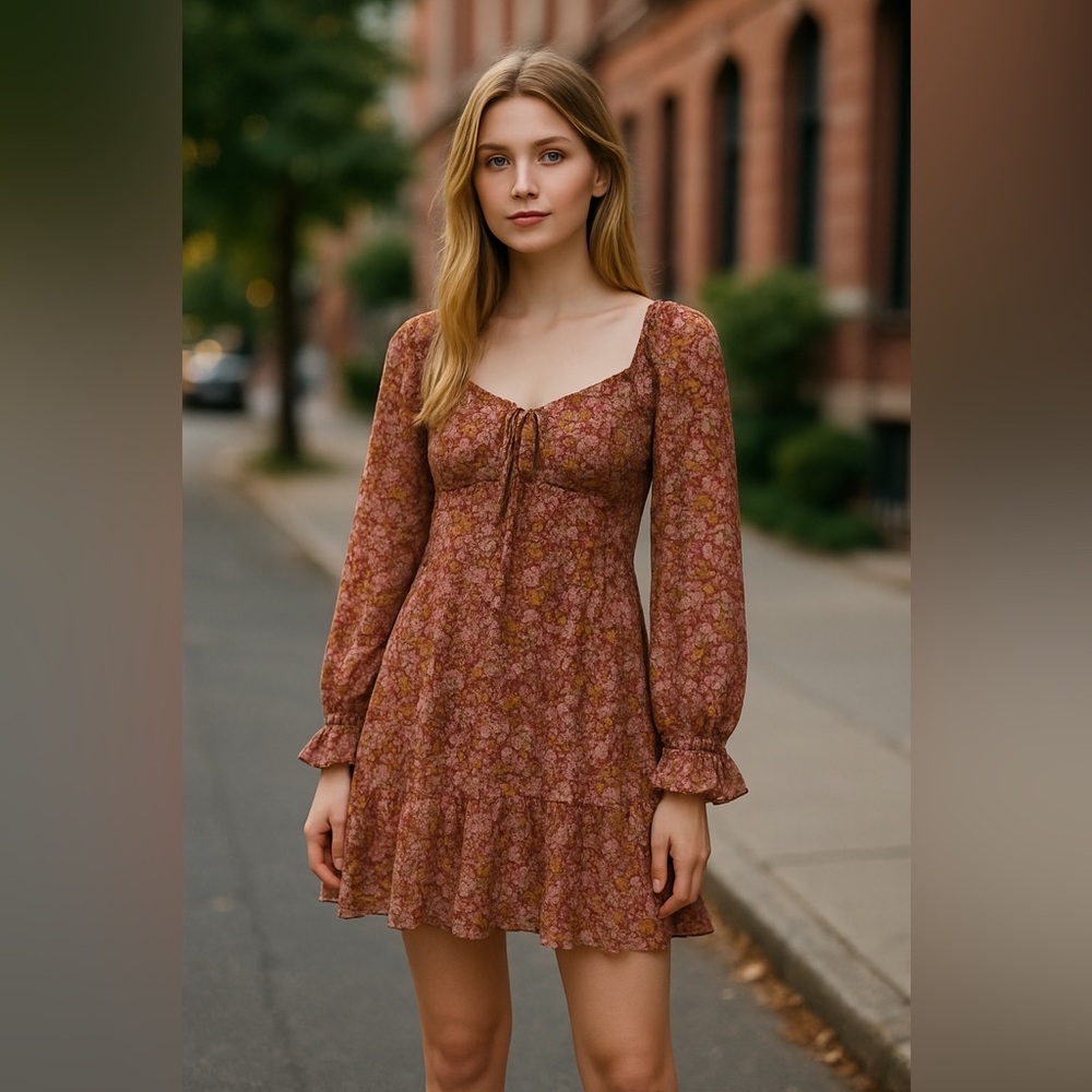Mi Ami Fuchsia, Pink & Brown Peasant Top Long Sleeve Floral Mini Dress -  NWOT